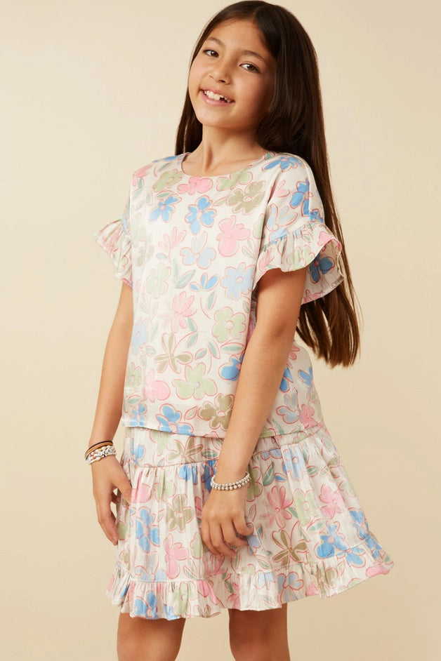 Youth Girls Floral Ruffle Sleeve Foiled Top