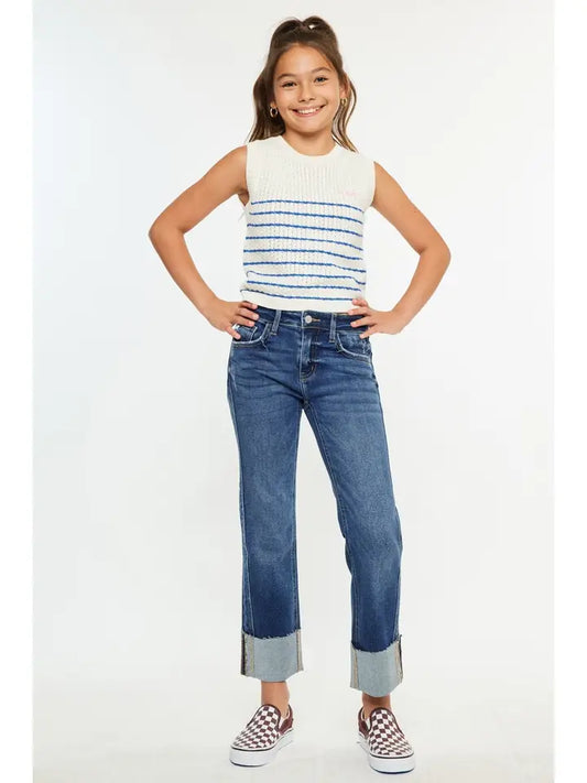 KanCan Girls Mid Rise Crop Cuffed Straight Leg Jeans