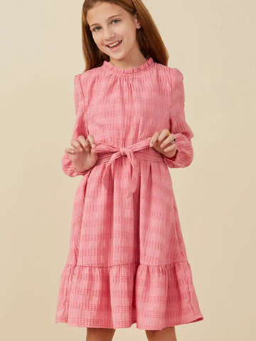 Youth Girls Textured Long Sleeves Belted Knit Dress