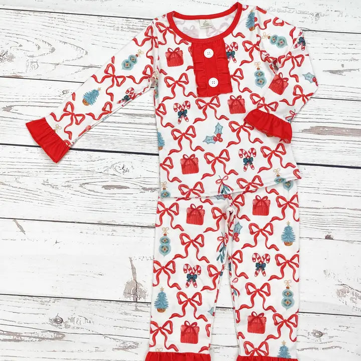 Girls Christmas Bow Print Pajama Set