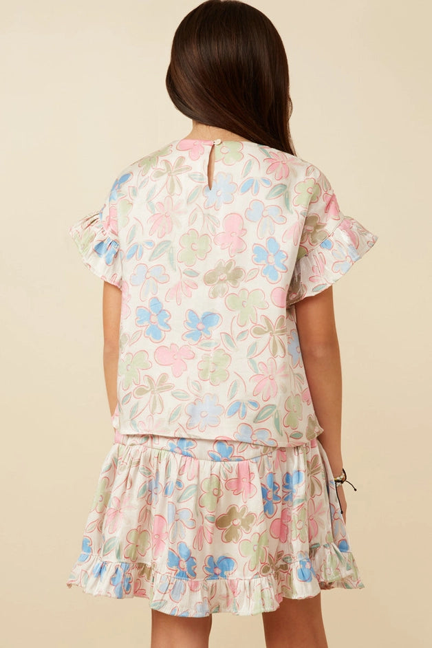 Youth Girls Floral Ruffle Sleeve Foiled Top