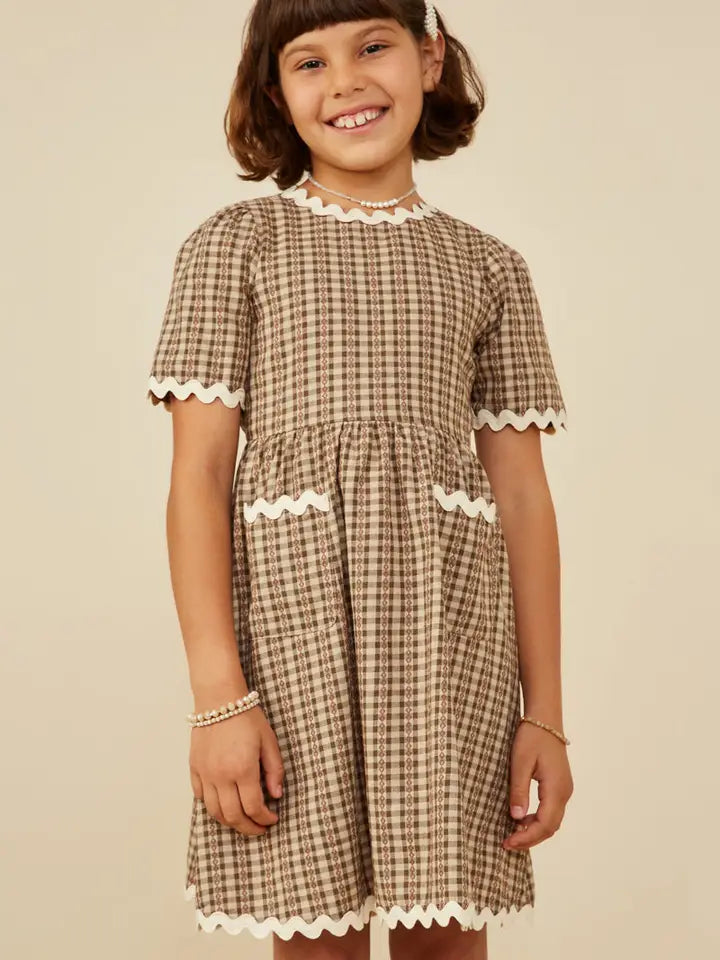 Youth Girls Wavy Twill Trimmed Pocketed Checkered Dress