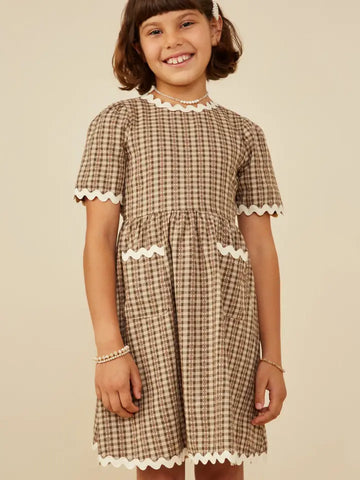 Youth Girls Wavy Twill Trimmed Pocketed Checkered Dress