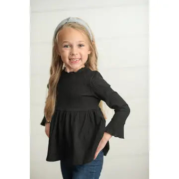 Fall Black Long Sleeve Lettuce Trim Ribbed Shirt