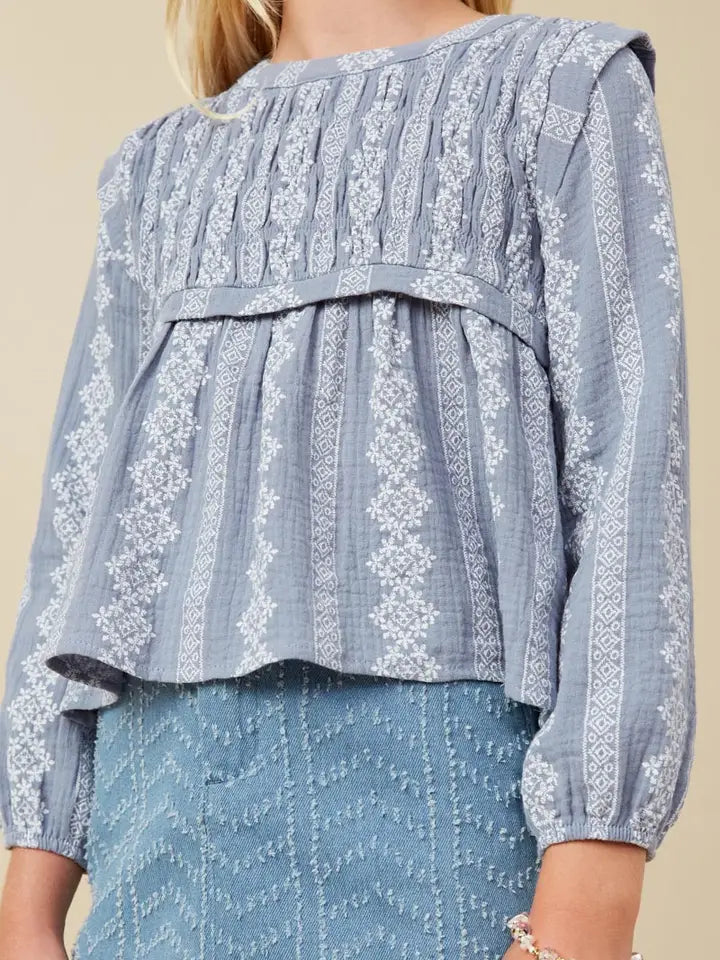 Youth Girls Embroidery Printed Smocked Long Sleeve Top