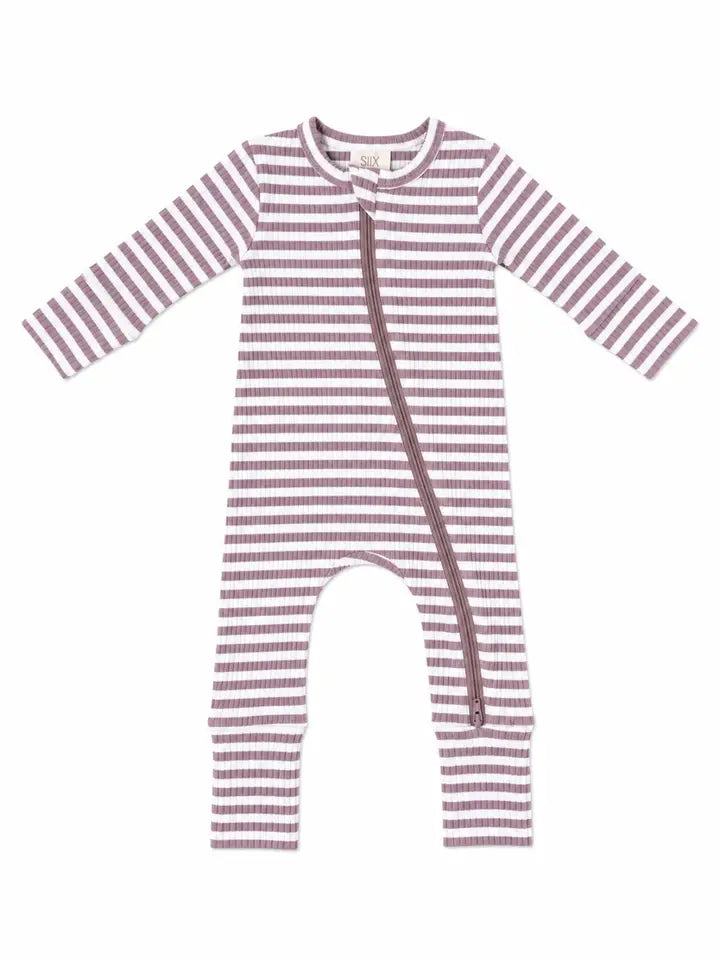 Infant Girl Violet Stripe Ribbed 2-Way Zip Romper