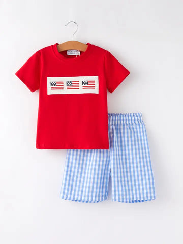 Boys Flag Embroidery Smocked Set
