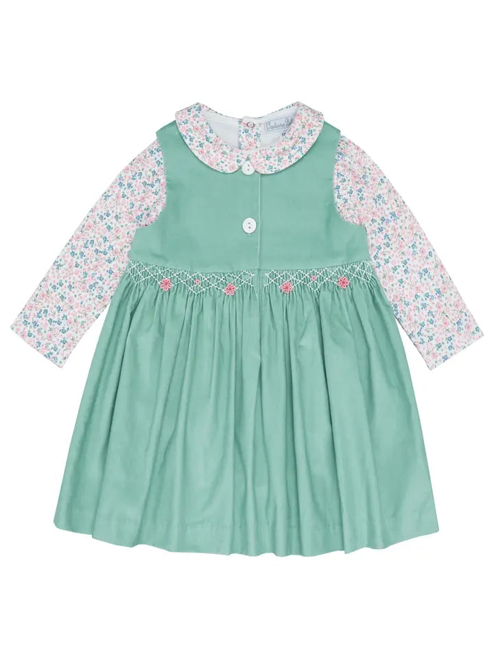 Baby Girls Light Green Corduroy Dress + Floral Onesie