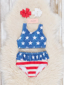 Girls Stars & Stripes Ruffle Swimsuit