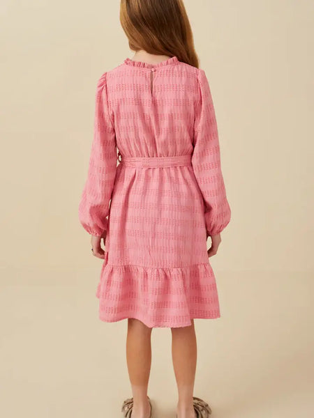 Youth Girls Textured Long Sleeves Belted Knit Dress