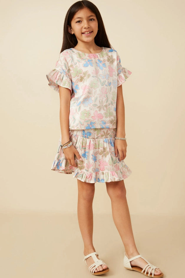 Youth Girls Floral Ruffle Sleeve Foiled Top
