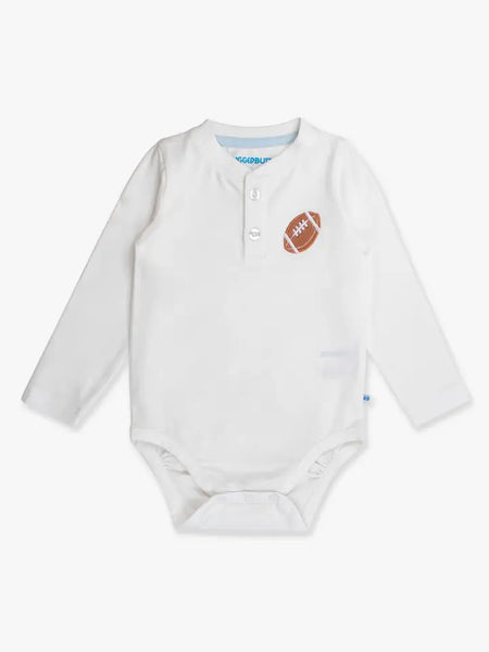 Baby Boys Football White Knit Long Sleeve Embroidered Henley Bodysuit