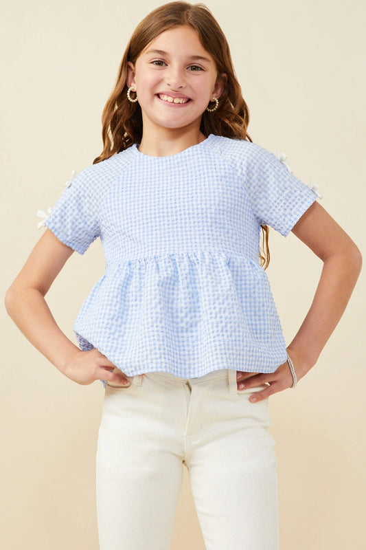 Youth Girls Ribbon Gingham Babydoll Top