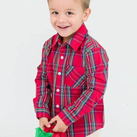 Boys Tis The Season Plaid Long Sleeve Button Down Top