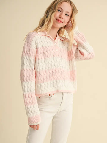 Tween Girls Polo Cable Knit Sweater
