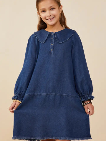 Youth Girls Peter Pan Collared Cinch Cuff Chambray Dress
