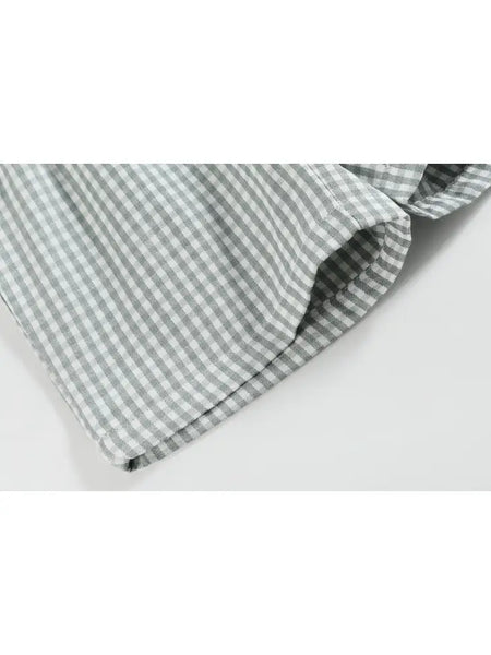 White Dinosaur Smocked Tee and Green Gingham Shorts Set