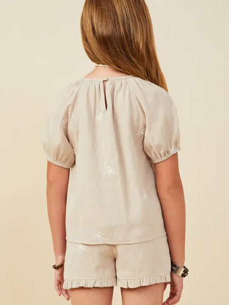 Youth Girls Bow Embroidered Cinch Short Sleeve Top
