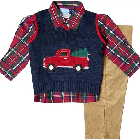 Baby Boys Red Christmas Truck Sweater Vest And Bottoms Set