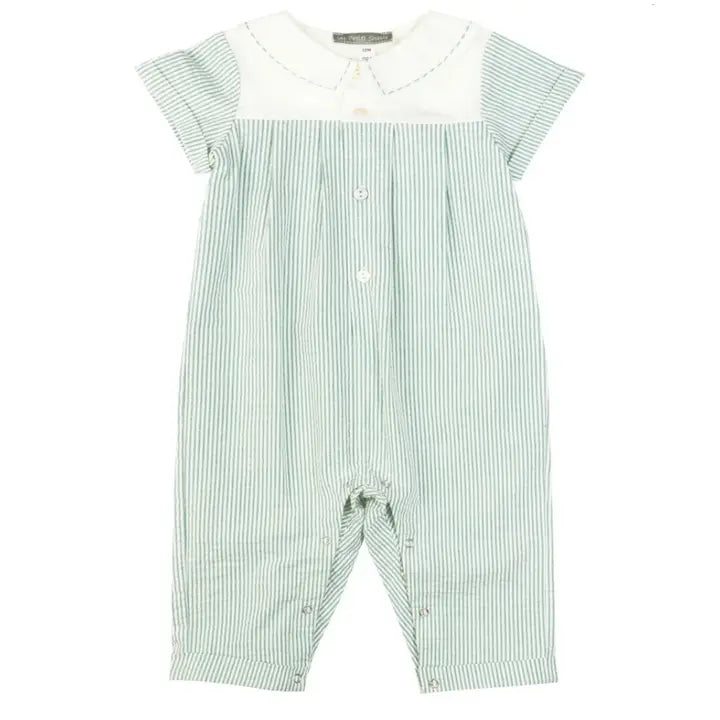 Baby Boys Green & White Stitched Collar Romper