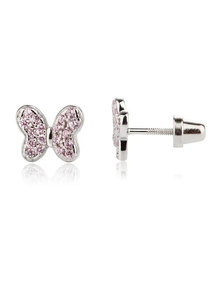 Sterling Silver Girls Pink Butterfly Screw Back Earrings