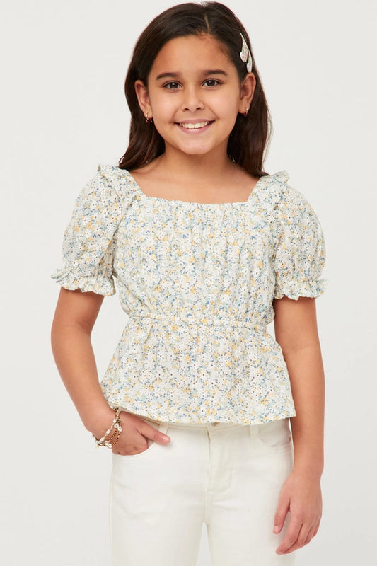 Youth Girls Embroidered Eyelet Peplum Top