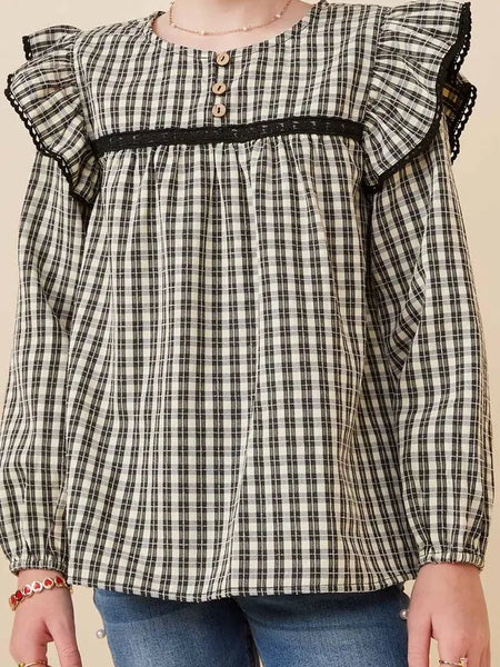Youth Girls Checkered Lace Trim Ruffled Shoulder Top