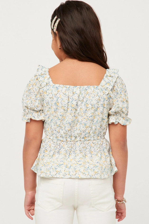 Youth Girls Embroidered Eyelet Peplum Top
