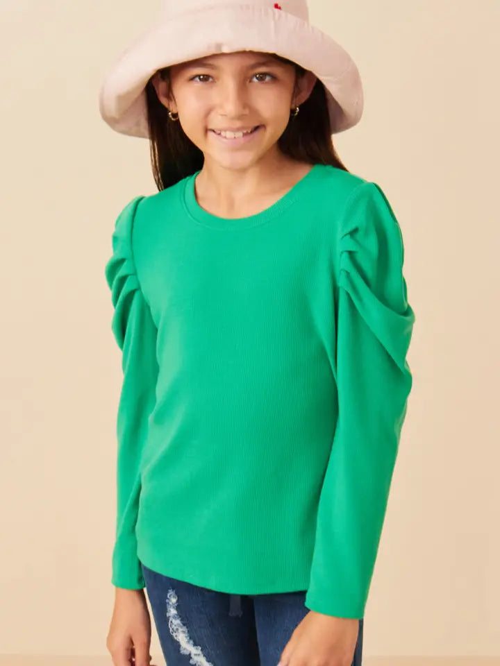 Youth Girls Pleated Puff Shoulder Knit Top