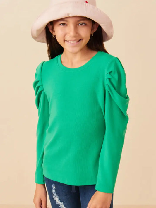Youth Girls Pleated Puff Shoulder Knit Top