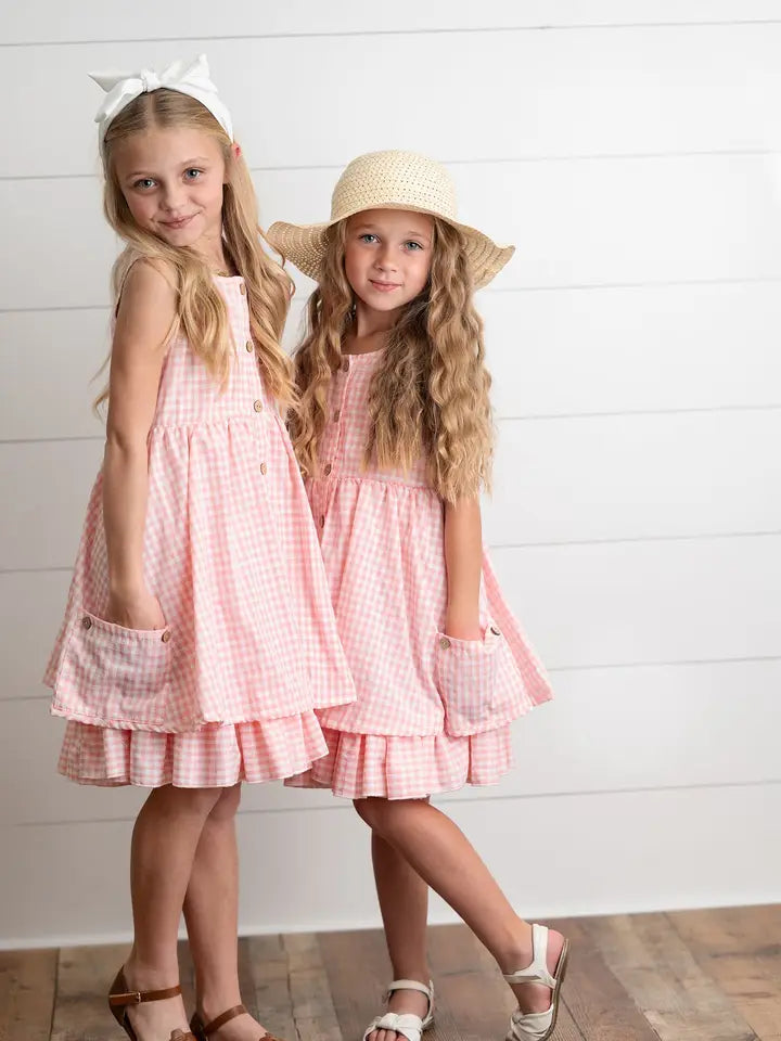 Girls Pink & White Gingham Pocket Ruffle Dress