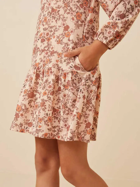 Youth Girls Antique Floral Drop Waist Knit Dress