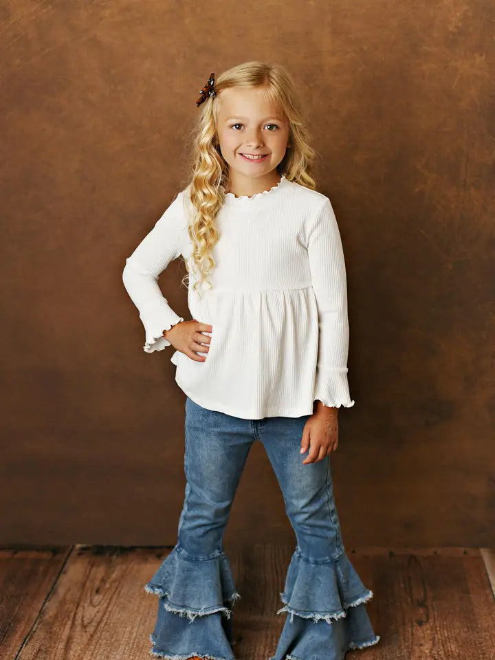 Fall White Long Sleeve Lettuce Trim Ribbed Shirt