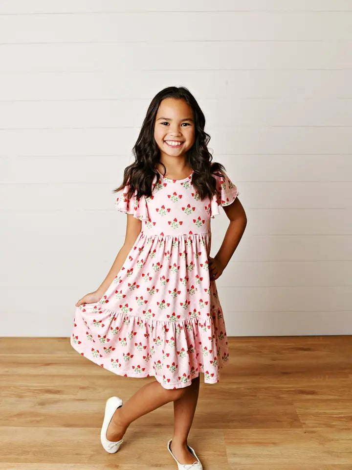 Girls Pink Strawberry Flutter Sleeve Twirl Dress