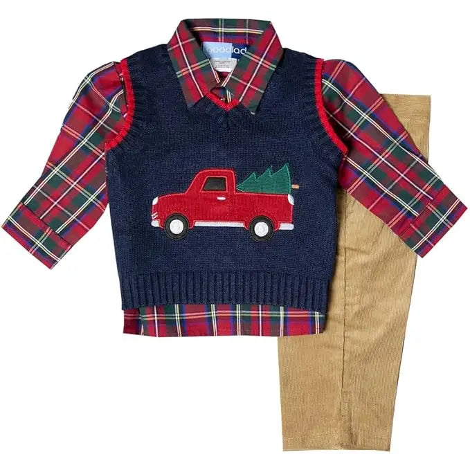 Toddler Boys Red Christmas Truck Sweater Vest And Bottoms Set