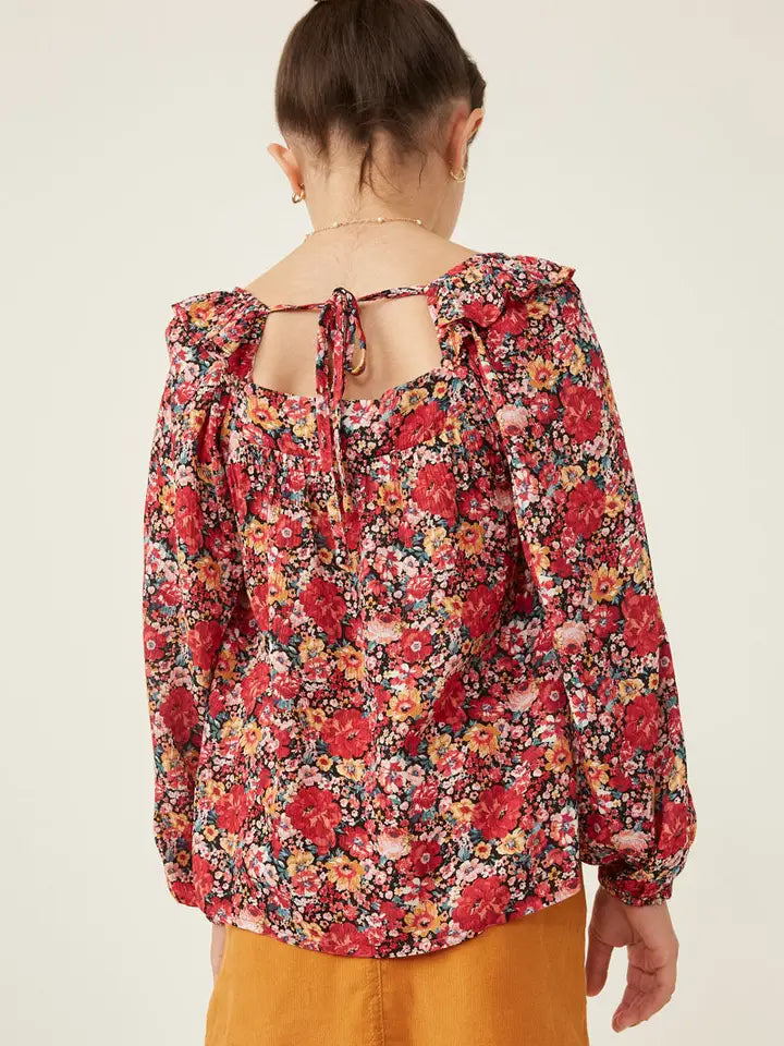 Youth Girls Floral Print Ruffle Shoulder Top
