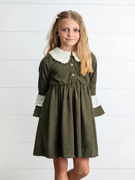 Girls Olive Green Corduroy & Lace Bell Sleeve Fall Dress