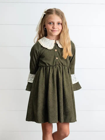 Girls Olive Green Corduroy & Lace Bell Sleeve Fall Dress