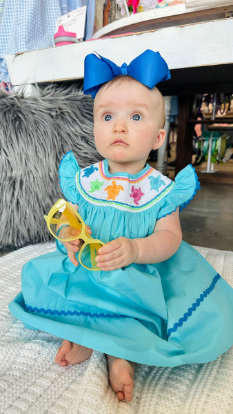 Rainbow Turtle Smocked Bishop Dress