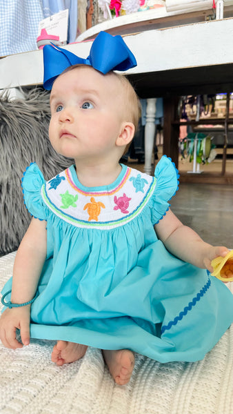 Rainbow Turtle Smocked Bishop Dress