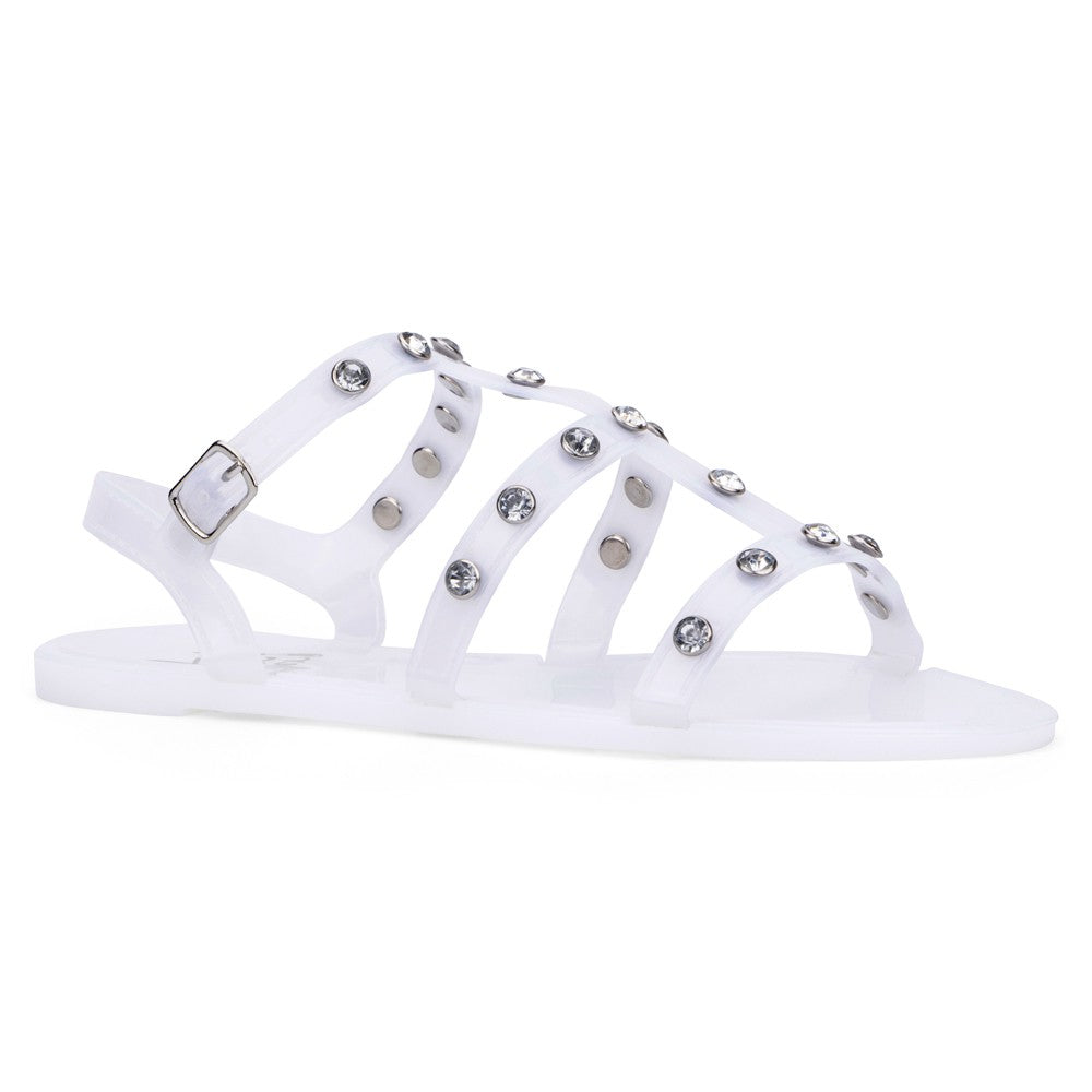 Flat Jelly Open Sandal With Stones And Open Buckle Strap