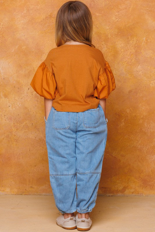 Woven Puff Sleeved Knit Top