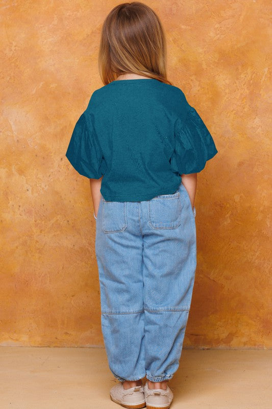 Woven Puff Sleeved Knit Top