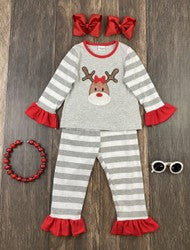 Rudolph the Red Nose Reindeer Grey & White Striped Long Sleeve Pajamas