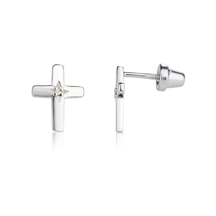 Sterling Silver Diamond Cross Earrings for Baptism Gift