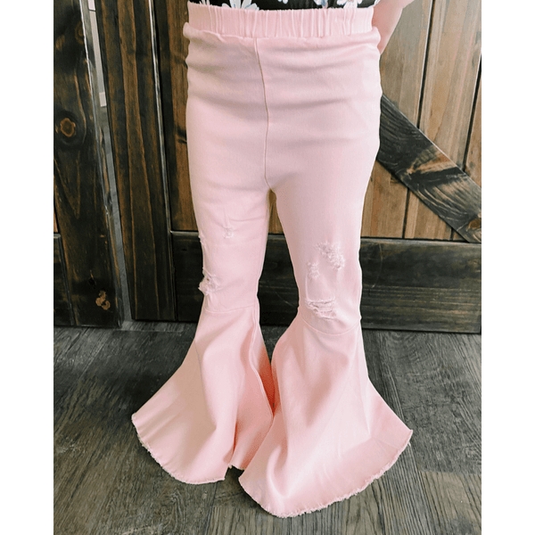 Distressed Pink Barbie Pleated Denim Bell Bottoms