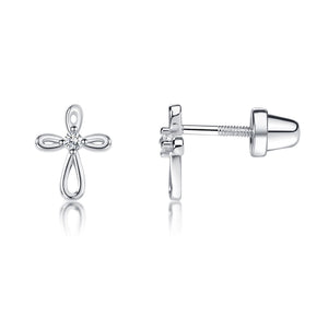 Sterling Silver Screw-Back Infinity Cross Baptism Earrings